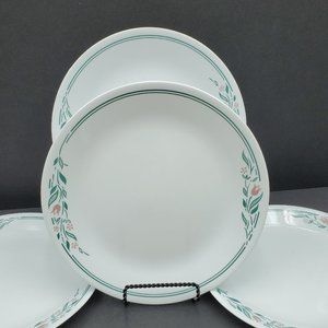 Corelle Rosemarie Dinner Plates Pink Mauve Flowers Green Leaves Trim Band